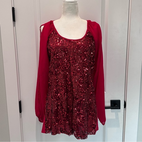 Badgley Mischka Tops - Badgley Mischka American Glamour Red Sequin Blouse Top Vintage Style Size M